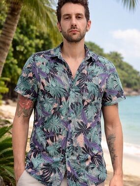 Divided Palm Leaf Short Sleeve Button-Up — Pink, Teal & Purple